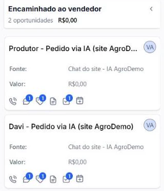 Coluna real Encaminhado ao vendedor no funil da demonstra&ccedil;&atilde;o, com a oportunidade criada pela IA