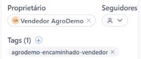 Ficha do contato com respons&aacute;vel Vendedor AgroDemo e etiqueta de encaminhamento